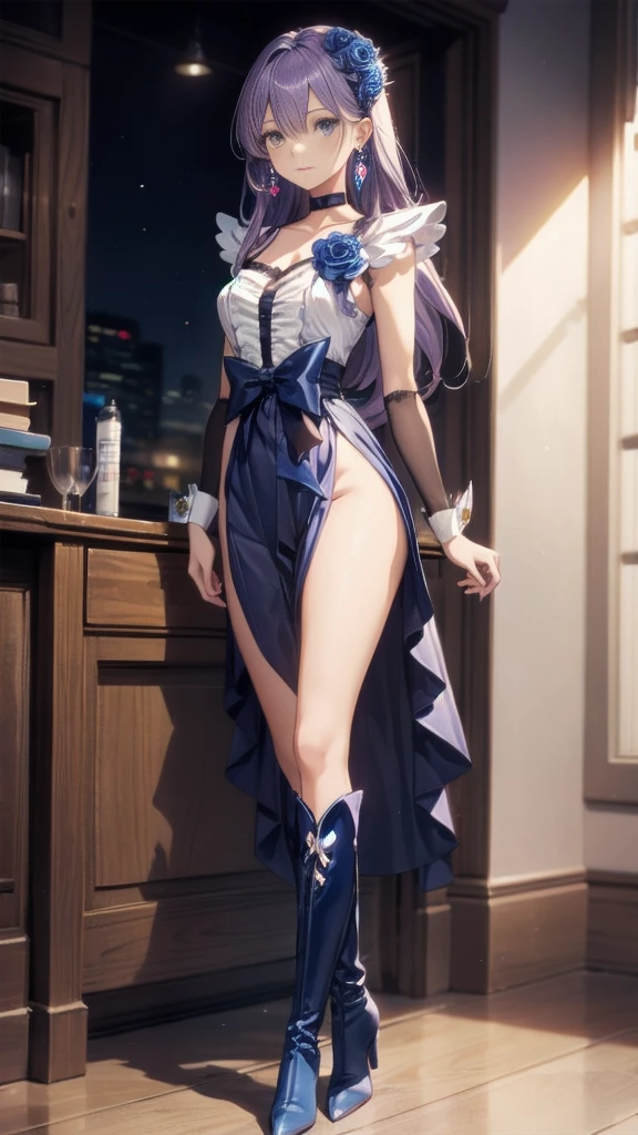 (High-definition CG), (Best Quality),((full body))， 1 girl,Alone, cure moonlight，sidelocks, hair ornament, blue rose, wrist cuffs, ribbon, single elbow glove, boots, eyelashes, serious， leotard ，Purple Hair， black choker ,  earrings for a woman alone, Blue Flower, Magical Girl, Waist Bow , Cure Moonlight Dress,  jewellery, flower, Wrist Cuffs,   Single Elbow Glove,  boots, eyelash, perfect face,  shiny skin,  wide hips, thin waist,Knee-high  boots， elbow bag, 1 girl, Long Hair, 