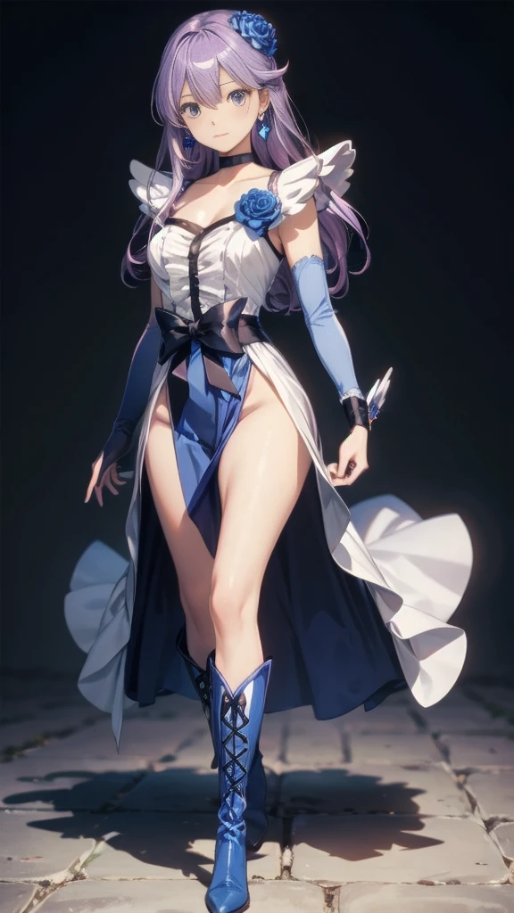 (High-definition CG), (Best Quality),((full body))， 1 girl,Alone, cure moonlight，sidelocks, hair ornament, blue rose, wrist cuffs, ribbon, single elbow glove, boots, eyelashes, serious， leotard ，Purple Hair， black choker ,  earrings for a woman alone, Blue Flower, Magical Girl, Waist Bow , Cure Moonlight Dress,  jewellery, flower, Wrist Cuffs,   Single Elbow Glove,  boots, eyelash, perfect face,  shiny skin,  wide hips, thin waist,Knee-high  boots， elbow bag, 1 girl, Long Hair, 