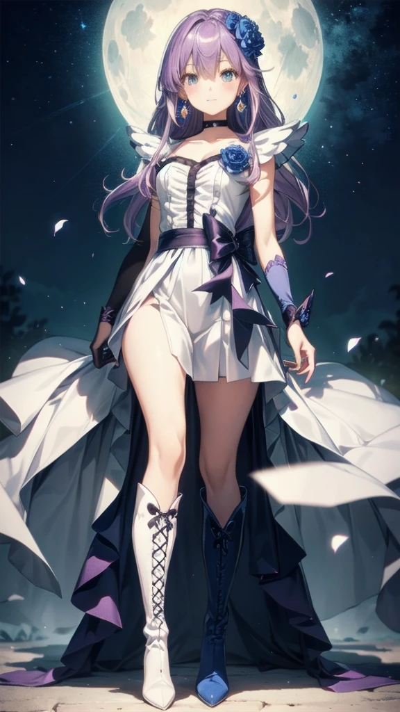 (High-definition CG), (Best Quality),((full body))， 1 girl,Alone, cure moonlight，sidelocks, hair ornament, blue rose, wrist cuffs, ribbon, single elbow glove, boots, eyelashes, serious， leotard ，Purple Hair， black choker ,  earrings for a woman alone, Blue Flower, Magical Girl, Waist Bow , Cure Moonlight Dress,  jewellery, flower, Wrist Cuffs,   Single Elbow Glove,  boots, eyelash, perfect face,  shiny skin,  wide hips, thin waist,Knee-high  boots， elbow bag, 1 girl, Long Hair, 