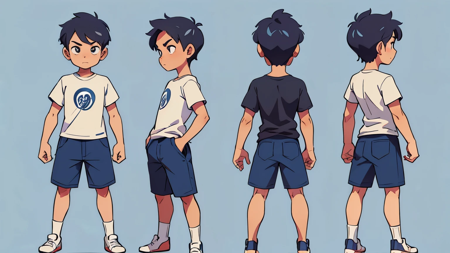 Descrição: "A blueprint-style drawing of a age male anime character showing three poses: front, back, and side views. The character is wearing a fitted t-shirt and shorts, with a lean body and typical anime facial features such as large eyes and a small nose. The front view shows the character facing forward with arms relaxed at his sides, the side view shows the character's profile with a neutral stance, and the back view shows the character from behind in the same pose. All three views are aligned and evenly spaced in the same image, resembling a traditional character design reference sheet for 3D modeling. Simple, clean line art with no background."