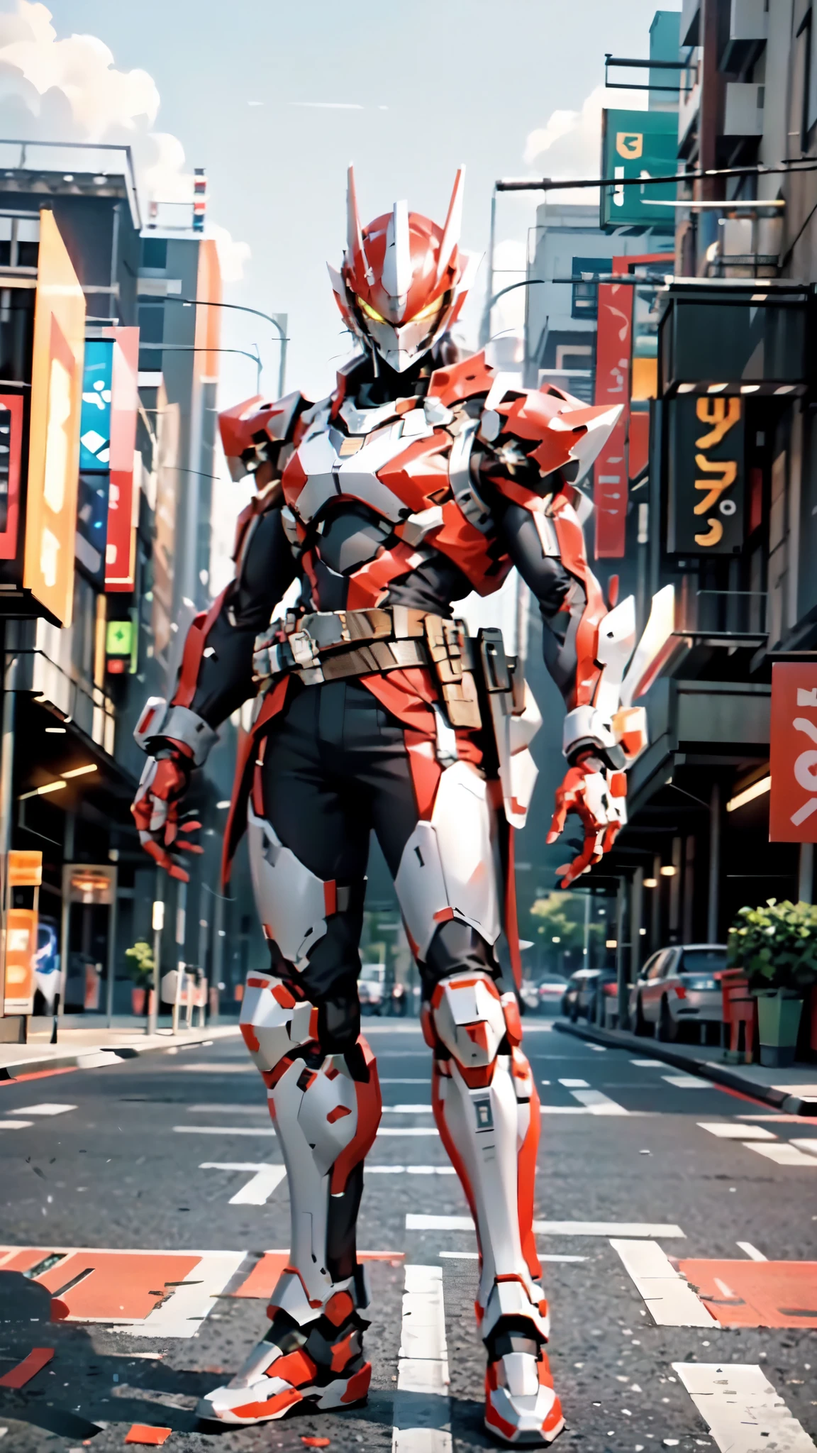 (masterpiece:1.5, best quality:1.5, extremely delicate:1.5), ((male:1.5)), a man wearing a full-face helmet, green eyes, fantasy-style high-tech biomimetic armored combat suit, (a composite layered chest armor), the design balances heavy with agility, fully enclosed shoulder guards, matching arm and leg guards, a belt of gemstone, (the color scheme is primarily Red with White and Blue accents, Organic Biotech, Concept Inspired by Fox, glowing eyes, armor glows, stand of a futuristic sci-fi city), this character embodies a finely crafted fantasy-style armored hero in anime style, exquisite and mature art style, metallic, high definition, highres, ultra-detailed, ultra-fine painting, professional, perfect body proportions, golden ratio, anatomically correct, symmetrical face, extremely detailed eyes and face, high quality eyes, creativity, RAW photo, UHD, 32k, Natural light, cinematic lighting, masterpiece-anatomy-perfect