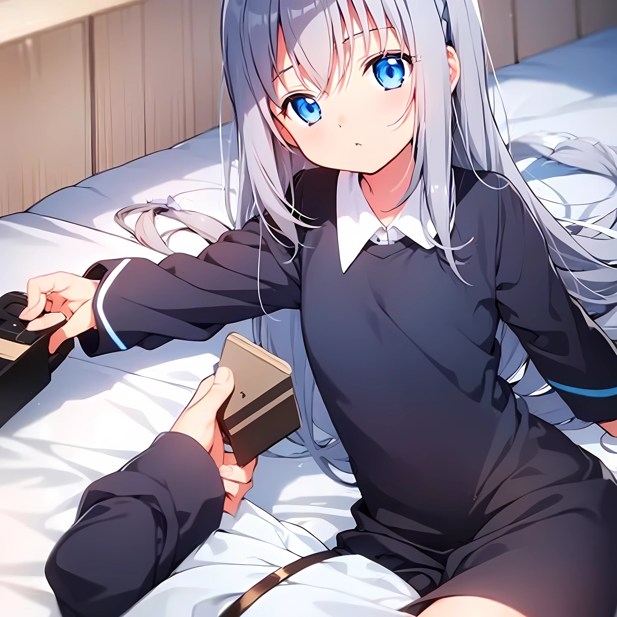  1 girl, Gray Hair, blue eyes,uniform, flat chest,Sleeping,long hair