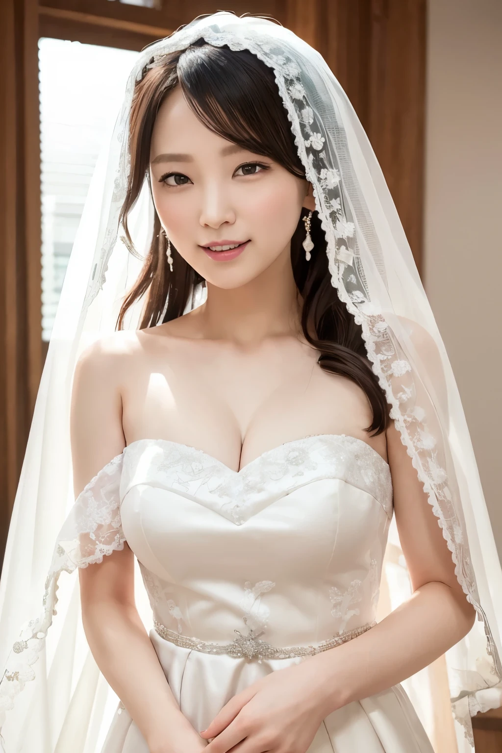 (masterpiece), Best Quality, Best Quality,  Highly Detailed CG Unity 8k Wallpaper, original,  Hi-Res, ( faces with a depth of writing : 1.5), Faithfulness: 1.3, breast, bride portrait style,  1 girl, curtain, Veil , bridal Veil, wedding dress, curtain,  jewellery, Alone,  earrings for a woman alone, teeth, bride, black_hair