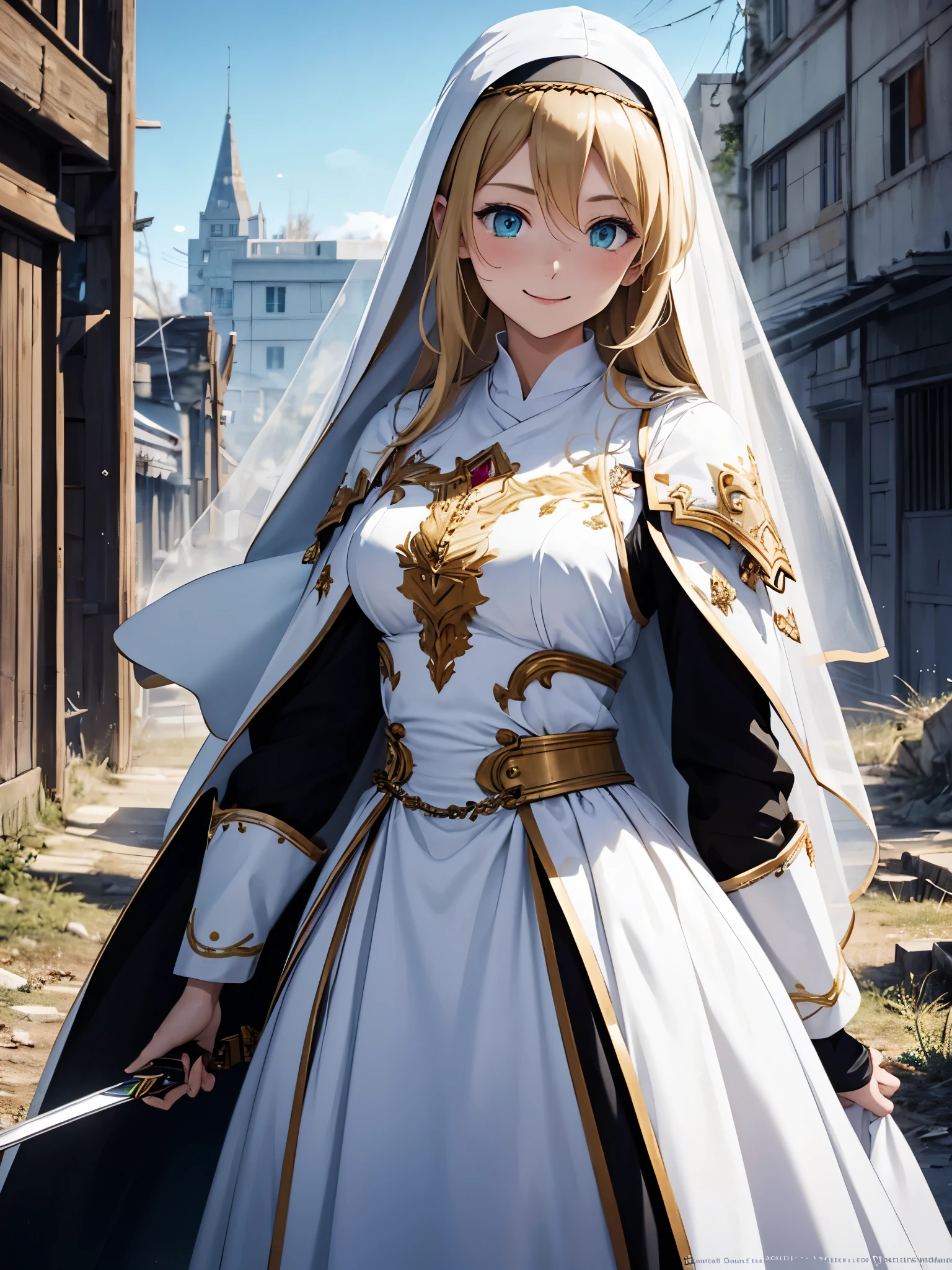 4K, Hi-Res, one woman,blonde,Long Hair,green eyes,Nuns,Nunsのドレス,White Holy Armor,White Veil,Jewelry Decoration, Gold Decoration,Long sword,Abandoned City of the Future,end of the century,Twilight Sky,smile,