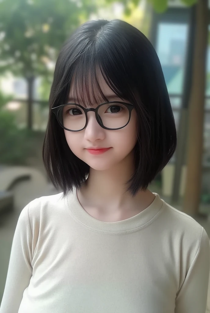 Top Quality, Masterpiece, Ultra High Definition, (Photorealistic: 1.4), (Look Off: 1.4), (Look Off: 1.4), No Look at Camera, Raw Photo, One Girl, Dark Hair, (Straight Bobs: 1.4), (Patsun: 1.4), Bangs, Glasses, Smile, Glossy Skin, Dramatic Lighting, Neat, T-Shirt, White Summer Sweater, (Big: 0.9), parks