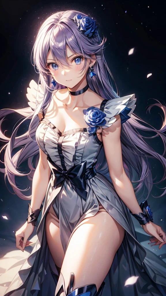 (High-definition CG), (Best Quality),((full body))， 1 girl,Alone, cure moonlight，sidelocks, hair ornament, blue rose, wrist cuffs, ribbon, single elbow glove, boots, eyelashes, serious，Purple Hair， black choker ,  earrings for a woman alone, Blue Flower, Magical Girl, Waist Bow , Cure Moonlight Dress,  jewellery, flower, Wrist Cuffs,   Single Elbow Glove,  boots, eyelash, perfect face,  shiny skin,  wide hips, thin waist,Knee-high  boots， elbow bag, 1 girl, Long Hair, 