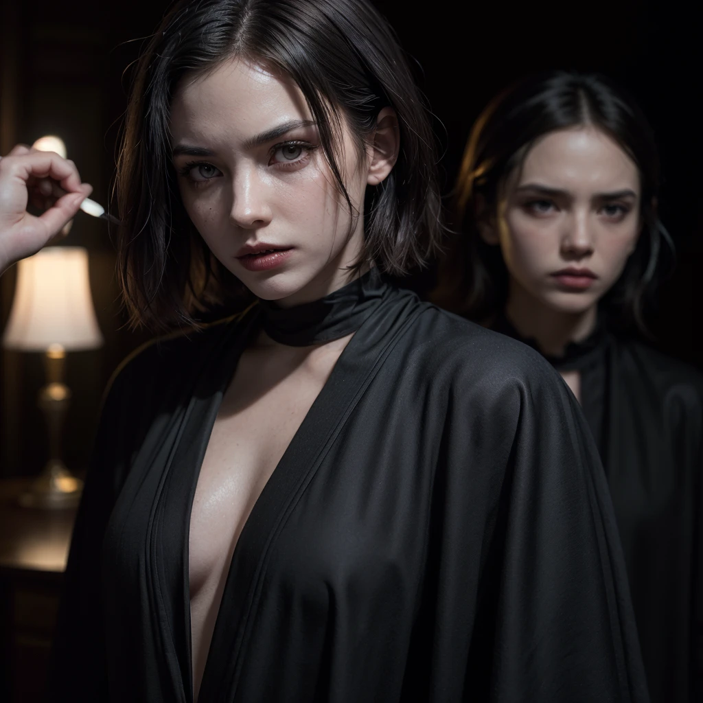 ( lyrics: 1.3),  cinematic filming , masterpiece, ( sharp focus: 1.5), ( photorealistic : 1.3), medium portrait of  ( A beautiful young vampire woman , pale skin, Gothic,  Still proud and fierce , short bob hair, smooth and black, dark look,  Dressed in a very detailed dark robe , Dark atmosphere,  but sculpting the shapes in a strong chiaroscuro), It&#39;s night time, ( highly detailed skin ), (detailed face),   detailed background,  dark lighting , twilight lighting ,  Volumetric lighting,  complex details ,  Ultra high definition ,  hourglass body.