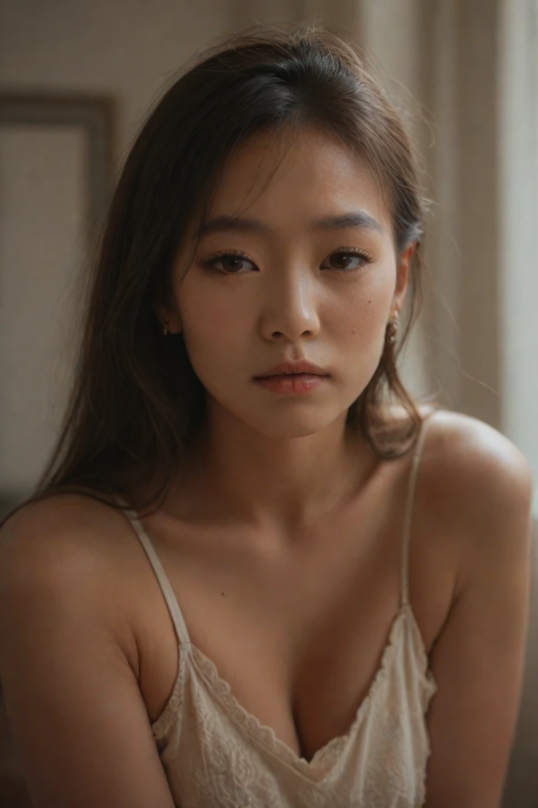 (best quality,highres:1.2),ultra-detailed,realistic,illustration,beautiful detailed eyes and face,long hair style,perfect face,Asian girl,soft pink lips,sweat,blush, full bust,model posing, bedroom, กางเกงในลายลูกไม้สีชมพู