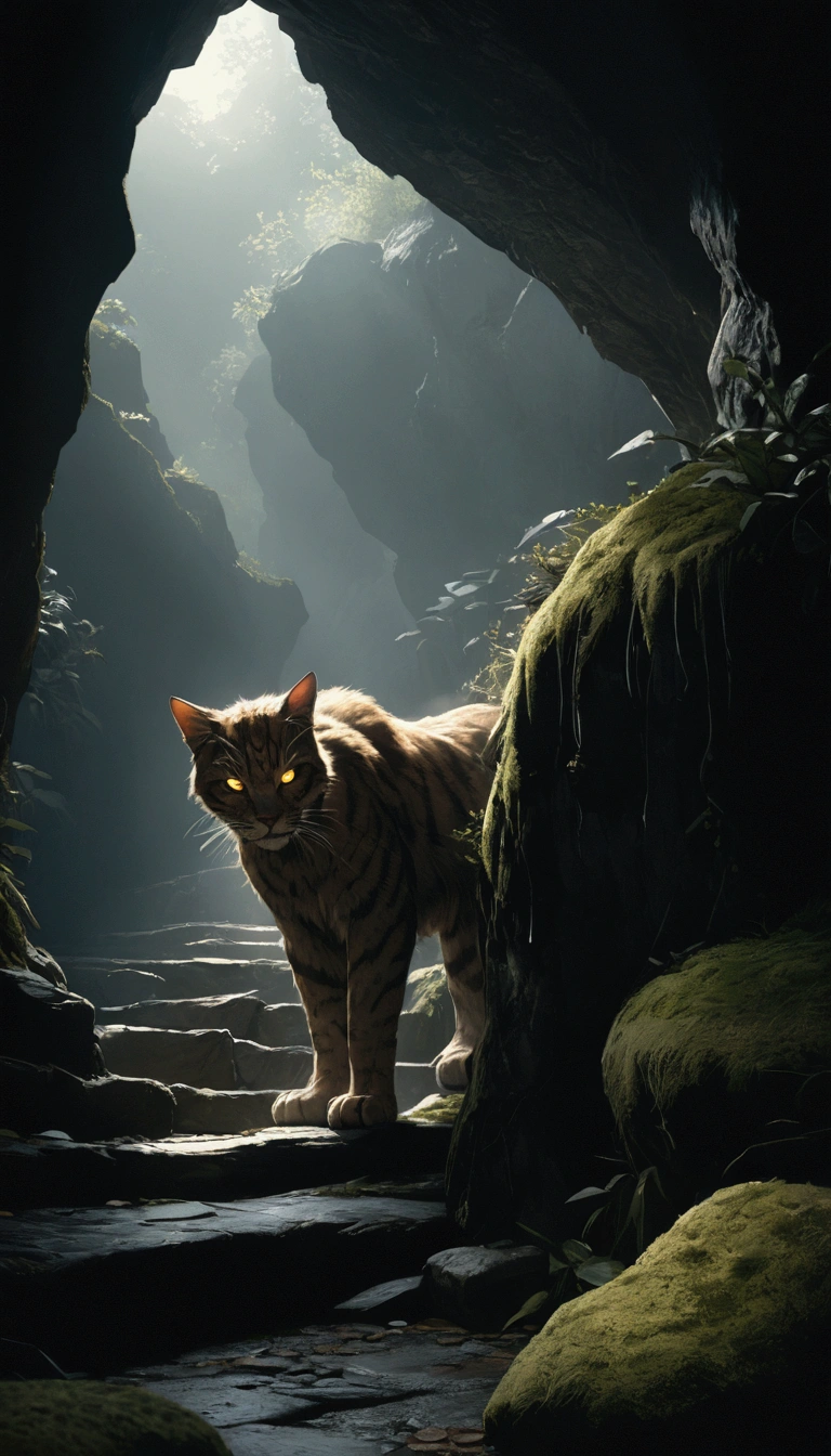 shot from abowe, a fierce predatory cat with glowing eyes emerging from dark shadows, ascending stone steps from a cave to the surface, highly detailed, cinematic lighting, dramatic atmosphere, photorealistic, 8K, hyperrealistic, chiaroscuro, dramatic shadows, moody colors, powerful feline muscles, predatory grace, intense gaze, wet textured fur, stones with moss and lichen, atmospheric fog, cinematic composition