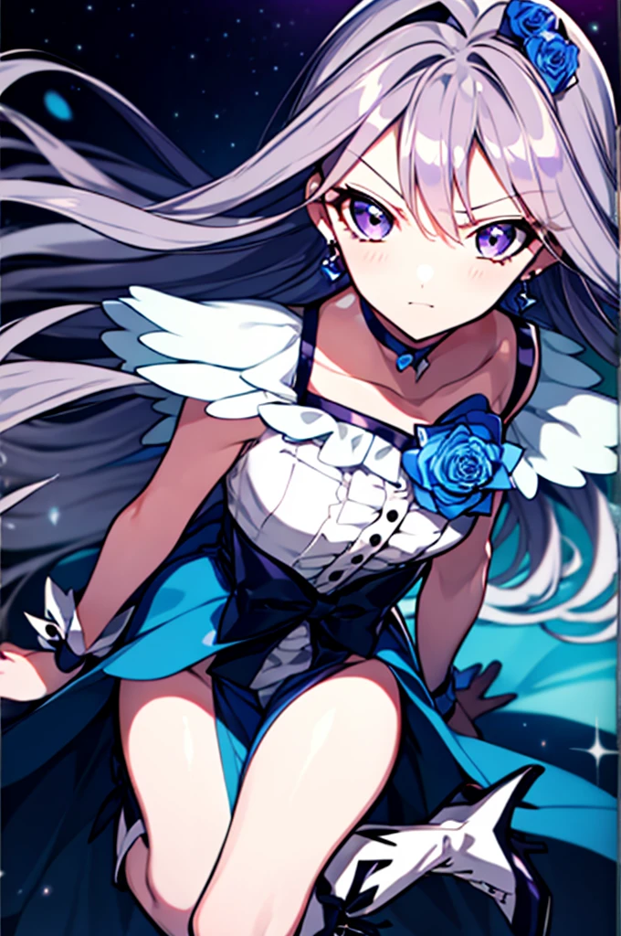 (High-definition CG), (Best Quality),((full body))， 1 girl,Alone, cure moonlight，sidelocks, hair ornament, blue rose, wrist cuffs, ribbon, single elbow glove, boots, eyelashes, serious，Purple Hair， black choker ,  earrings for a woman alone, Blue Flower, Magical Girl, Waist Bow , Cure Moonlight Dress,  jewellery, flower, Wrist Cuffs,   Single Elbow Glove,  boots, eyelash, perfect face,  shiny skin,  wide hips, thin waist,Knee-high  boots， elbow bag, 1 girl, Long Hair, 