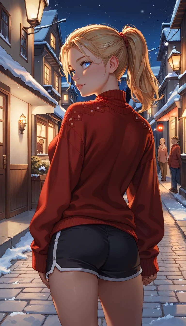 score_9, score_8_up, score_8_up, 1girl, blond teenager, anime girl, on street, night, standing in front of dark doors, back view , sexy body, long blond ponytail, black sport shorts, red sweater top, material detail, looking at scarry street,  dreamy eyes, big shiny blue eyes,  fit body, big boobs, teardrop shaped, thin waists, lab door, snowy night, detailed dirty london street, detailed old buildings, scarry athmosphere, dark night, sexy, brolen scarry streetlights, negative_hand, g0thicPXL, GTA