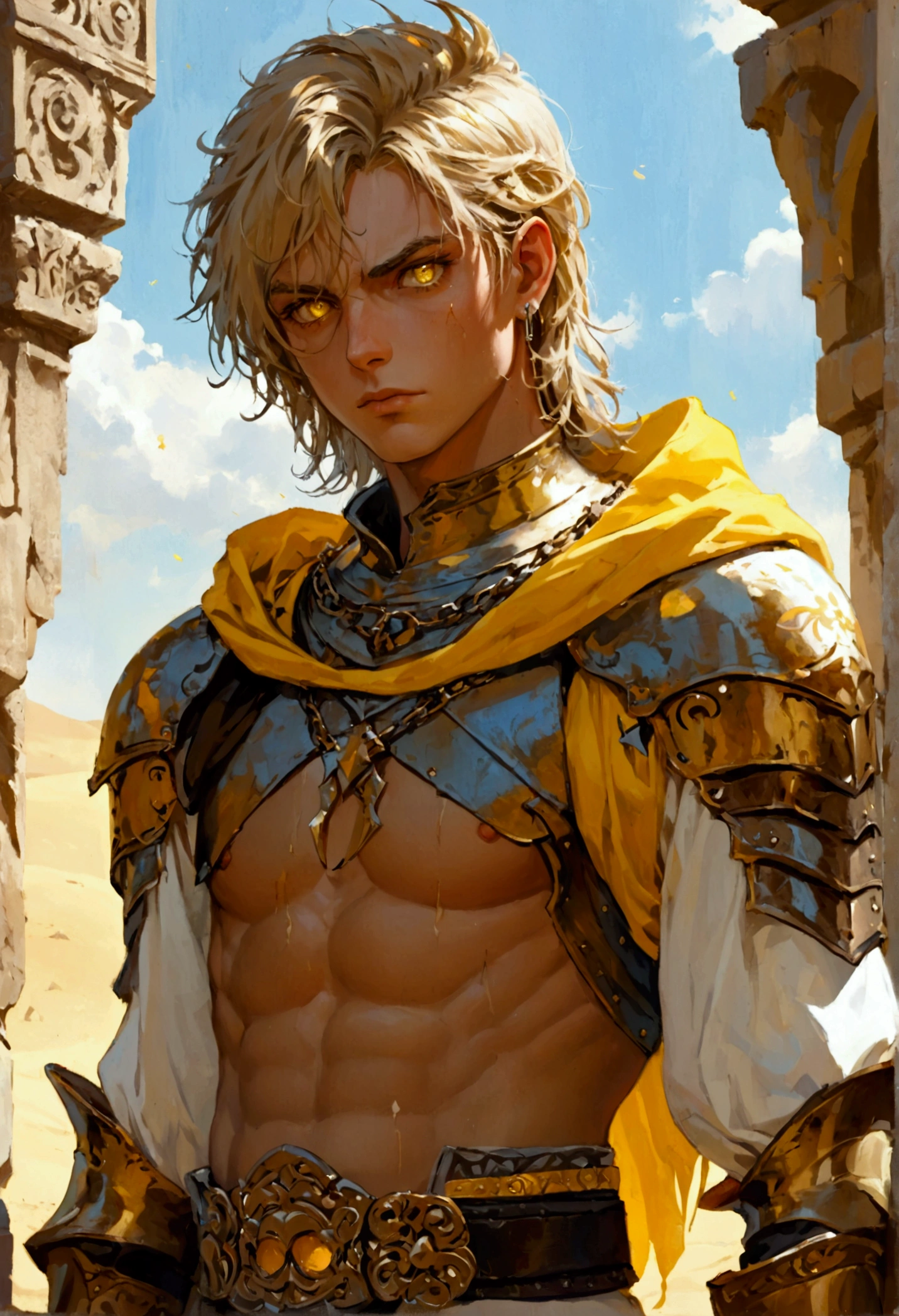 anime, ( masterpiece ,  better quality, ultra detailed, Best shadow), ( detailed background, fancy oscura), ( human face and head detailed), (medieval) ( yellow and bronze sword ), (( hard and shattered abs )), One Boy, a man,  better quality,  film lighting, dark, un antiguo guerrero Slavic, diffuse lighting, fancy, intricate,  text, rostro  text, realistic, fotorrealistic, digital painting,  Art station , illustration, conceptual art,  soft and crisp focus , Alone, Gloves,  long hair , belly button,  blonde and brown hair ,  desert sand Palace ,  hair between the eyes , Gloves blancos,  looking at the spectator, Gloves sin dedos, Hold on to , shoulders, big belt, Elbows,  Yellow Eyes , hull,  armor on the abdomen , bronze armor,  separated earth-colored lips , pants, sweat,  Yellow Eyes , Vendas, guerrero Slavic,  sand particles ,  better quality, humano blanco Slavic,  film lighting, golden ornaments, chains, earrings, desert background, focused, Light, muscular,  old warrior ,  Perfect Traits,  ready for battle , arena, skinny, standing, strong,  warrior posture ,  Yellow Eyes , completo cuerpo muscular,  without body hair or scars , fine hands,  by Tim Burton Films . (( bare abs ,  hard and marked )), happy, liar, Slavic. skinny (medieval) ( yellow and bronze sword )