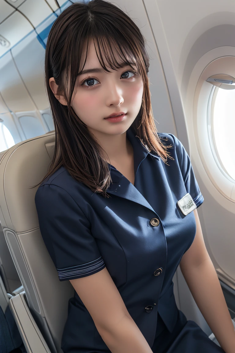 (masterpiece:1.3)、Super detailed finish、(High resolution、8k:1.3)、(highest quality)、(Ultra-realistic as a photo:1.3)、correct limbs、anatomically correct, the face is in focus、close up of face:1.1、 超High resolutionの顔、Ultra high definition and beautiful eyes、focused eyes、Eyes are symmetrical:1.3、High-definition and beautiful skin、firm skin、超High resolutionの髪のテクスチャ、Japanese high school girl、、very cute, short hair, Cabin attendant, (Japan Air LineのCabin attendantの制服:1.3), inside the plane, (sitting on the floor:1.1), Sitting with legs bent and knees hugged、small breasts, C cup、cleavage, (embarrassing:1.3), (blush:1.3), (Strange look:1.3), Awkward pose, color々shooting angle:1.3, looking at the viewer:1.2