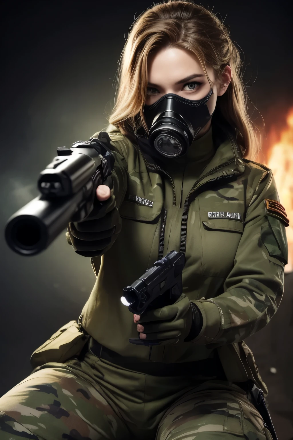 Female soldier in a camouflage suit with a pistol her hand wearing a gas mask. Perspective, Dynamic angel, best quality, master piece, ((holding gun)), 4K.