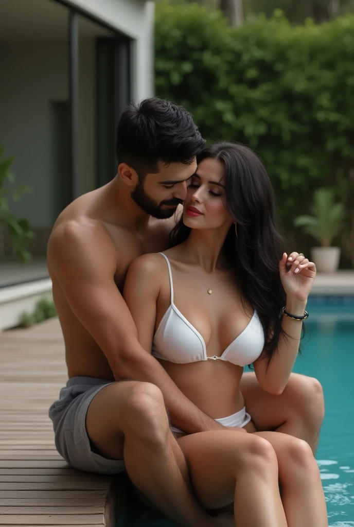 A fat indian man kissing a short huge booty NAKED latina mom in a public pool with a man watching in the corner