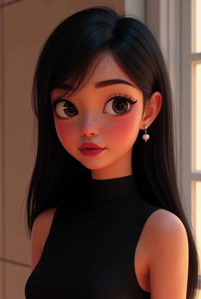 A young girl,Asian,High Detail,8K resolution,Clear eyes,Smooth hair,Exquisite facial features,big eyes,Long eyelashes,earrings,necklace,Lipstick,Red lips,Sweet eyes with silkworms,Smile,Dynamic Angle,,Ultimate image quality,High Detail,Highest precision,Precise and perfect human structure,Long hair,((camisole)),((sofa)),formal,Black high heels,Hydrated lips,坐sofa上,,Seven-point lens