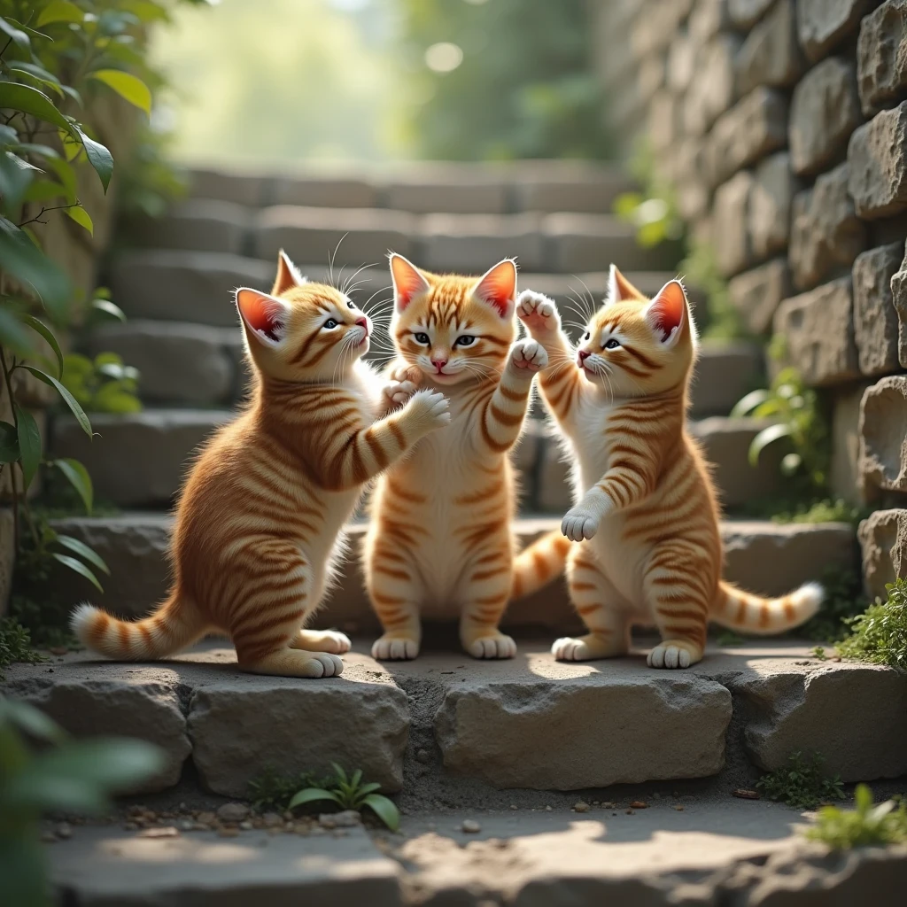 Three cats playing with each other on the stone steps
, cute cat, adorable feline, furry pet, natural lighting, soft focus, warm colors, detailed fur, realistic, photorealistic, 8k, high resolution, detailed description, masterpiece