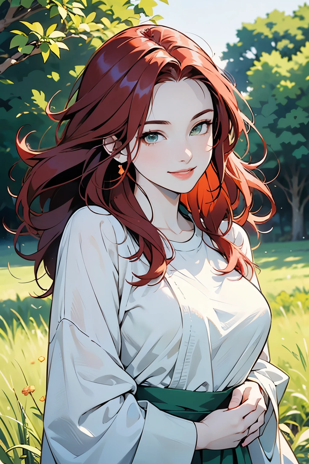 A charming young woman with long, flowing red hair, fair pale skin, and emerald green eyes, wearing simple village clothing. She has a warm, radiant smile and an aura of energy and cheerfulness, showing a playful and brave personality. The scene is set in a rural, countryside landscape with soft, natural lighting