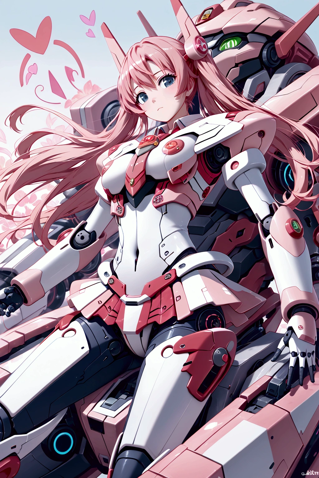 1girl, underwear, pink_hair, panties, outside_border, mecha_musume, pantyhose, signature, skirt, thighband_pantyhose, two-tone_background, panties_under_pantyhose, mecha, character_name