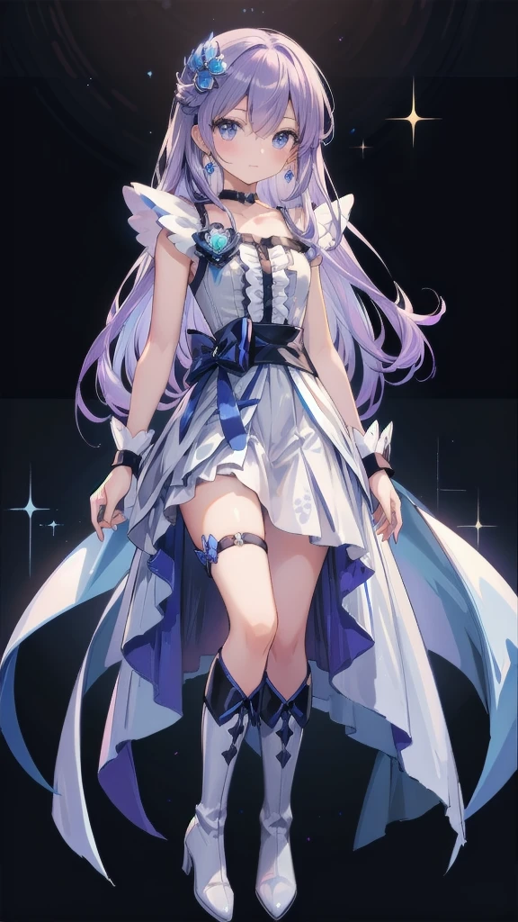 (High-definition CG), (Best Quality),((full body))， 1 girl,Alone, cure moonlight，sidelocks, hair ornament, blue rose, wrist cuffs, ribbon, single elbow glove, boots, eyelashes, serious， spats，Purple Hair， black choker ,  earrings for a woman alone, Blue Flower, Magical Girl, Waist Bow , Cure Moonlight Dress,  jewellery, flower, Wrist Cuffs,   Single Elbow Glove,  boots, eyelash, perfect face,  shiny skin,  wide hips, thin waist,Knee-high  boots， elbow bag, 1 girl, Long Hair, 