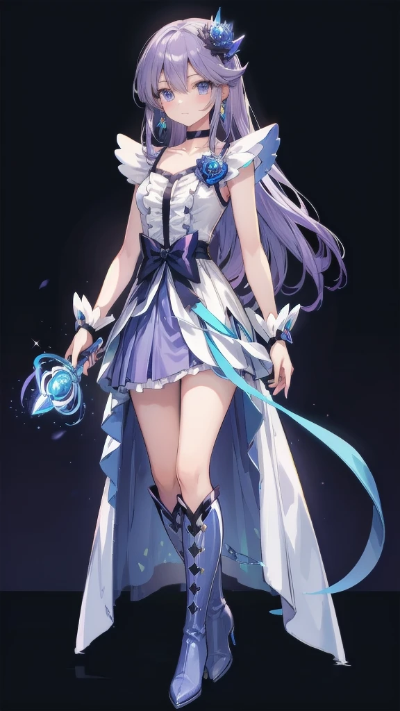 (High-definition CG), (Best Quality),((full body))， 1 girl,Alone, cure moonlight，sidelocks, hair ornament, blue rose, wrist cuffs, ribbon, single elbow glove, boots, eyelashes, serious， spats，Purple Hair， black choker ,  earrings for a woman alone, Blue Flower, Magical Girl, Waist Bow , Cure Moonlight Dress,  jewellery, flower, Wrist Cuffs,   Single Elbow Glove,  boots, eyelash, perfect face,  shiny skin,  wide hips, thin waist,Knee-high  boots， elbow bag, 1 girl, Long Hair, 