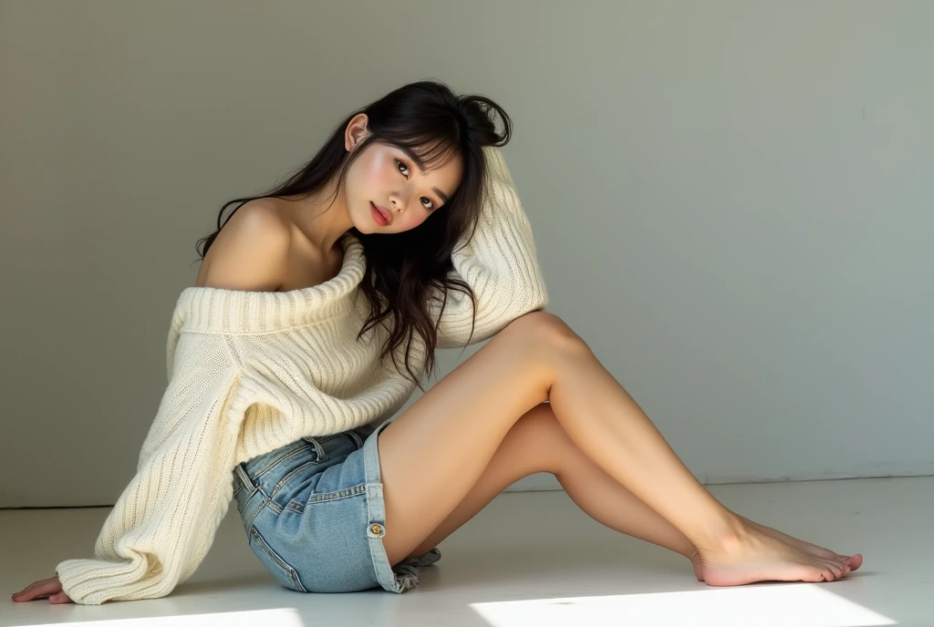 Dark brown hair、Light brown eyes、Japanese actress、 Lady、I am about 40 years old..、(Intricate details:1.2)、(Which one is on top??:1.4)、 (Ultra-high resolution:1.2)、Ultra-high resolution、(Finely tuned)、(Detailed facial features)、Hmph、8K resolution、D cup size breasts、Long Hair、Bright bathroom with sunlight shining in、Large windows、Extravagant space、relax、、,Full body photo、Head to toe shot、Beautiful legs、Summer knitwear、Beautiful legs、A refreshing room filled with sunlight、she, household items,   (plant:0.8), Fashion Hub, Extreme Detail, Very detailed, Realistic, Hourglass-shaped body, Obscene pose,、、私 cry a lot、tears、person on the left、White wall、White floor、diagonally from below、Lift your chin、Put your butt against the wall、relaxした表情、Pose of Weakness、