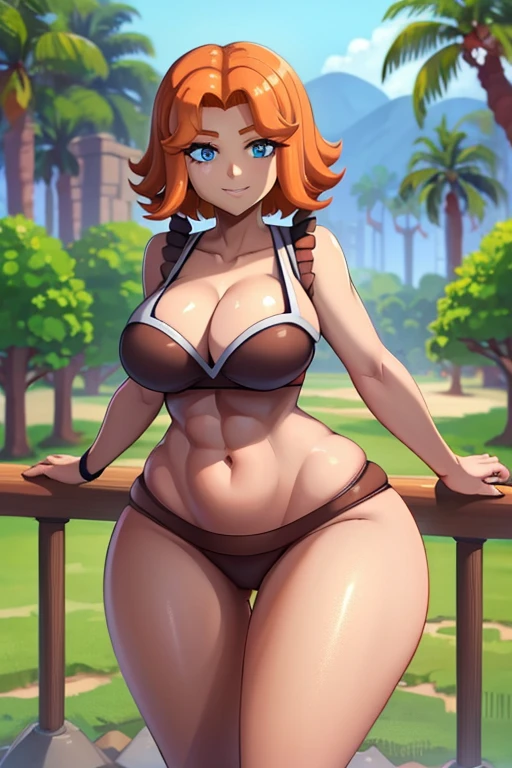 just girl, 8k, valkyrieClash, orange hair, blue eyes, short hair, bikini, beautiful, beautiful eyes, beautiful eyelashes, beautiful hair, round and firm breasts, huge bubble butt, thick thighs, wide hips, small waist, sexy, slim, smiling at the viewer, forest