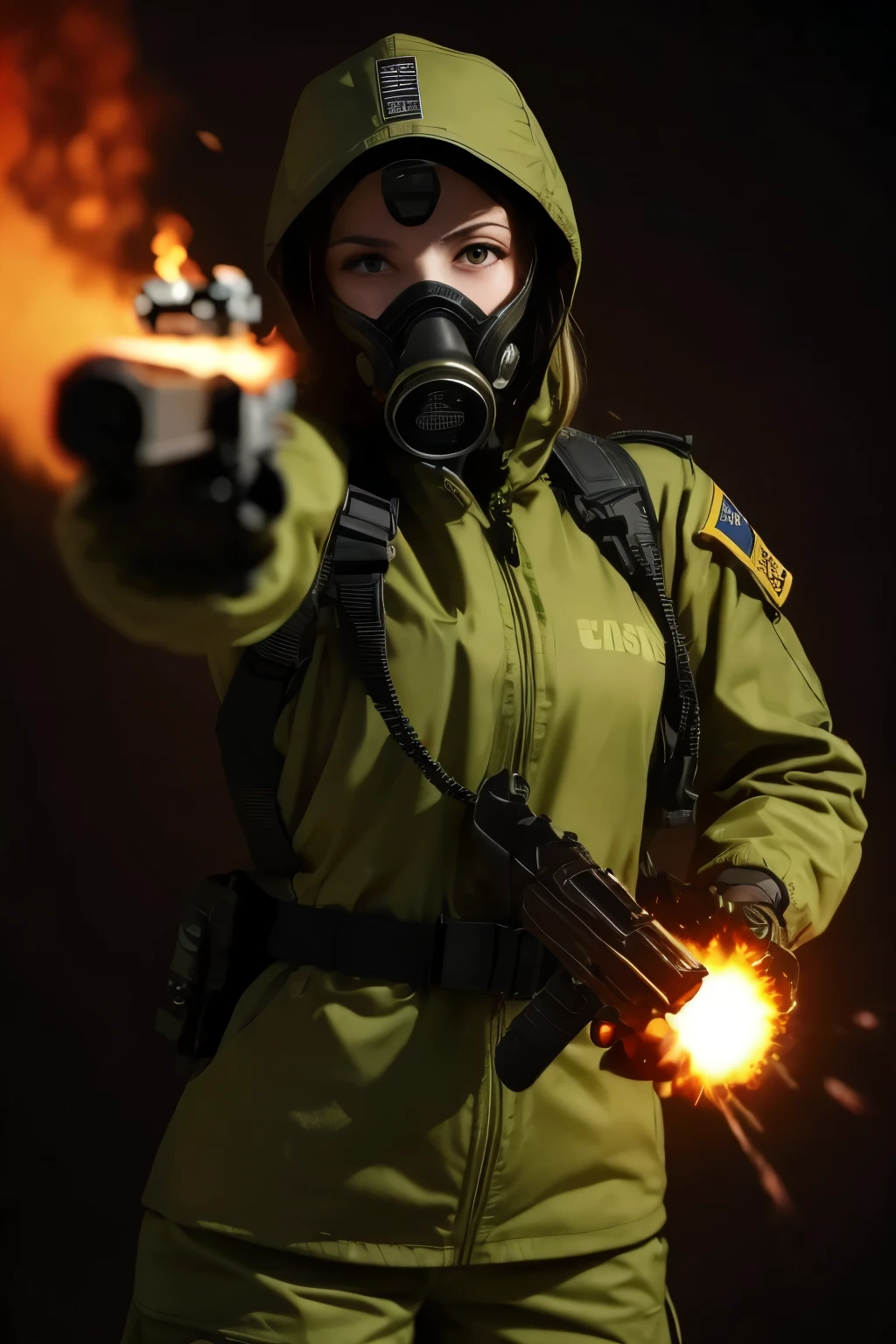 Female soldier in a camouflage suit with a pistol her hand wearing a gas mask. Fire gun, Perspective, Dynamic angel, best quality, master piece, ((holding gun)), 4K. ((Cinematic Flames Background))