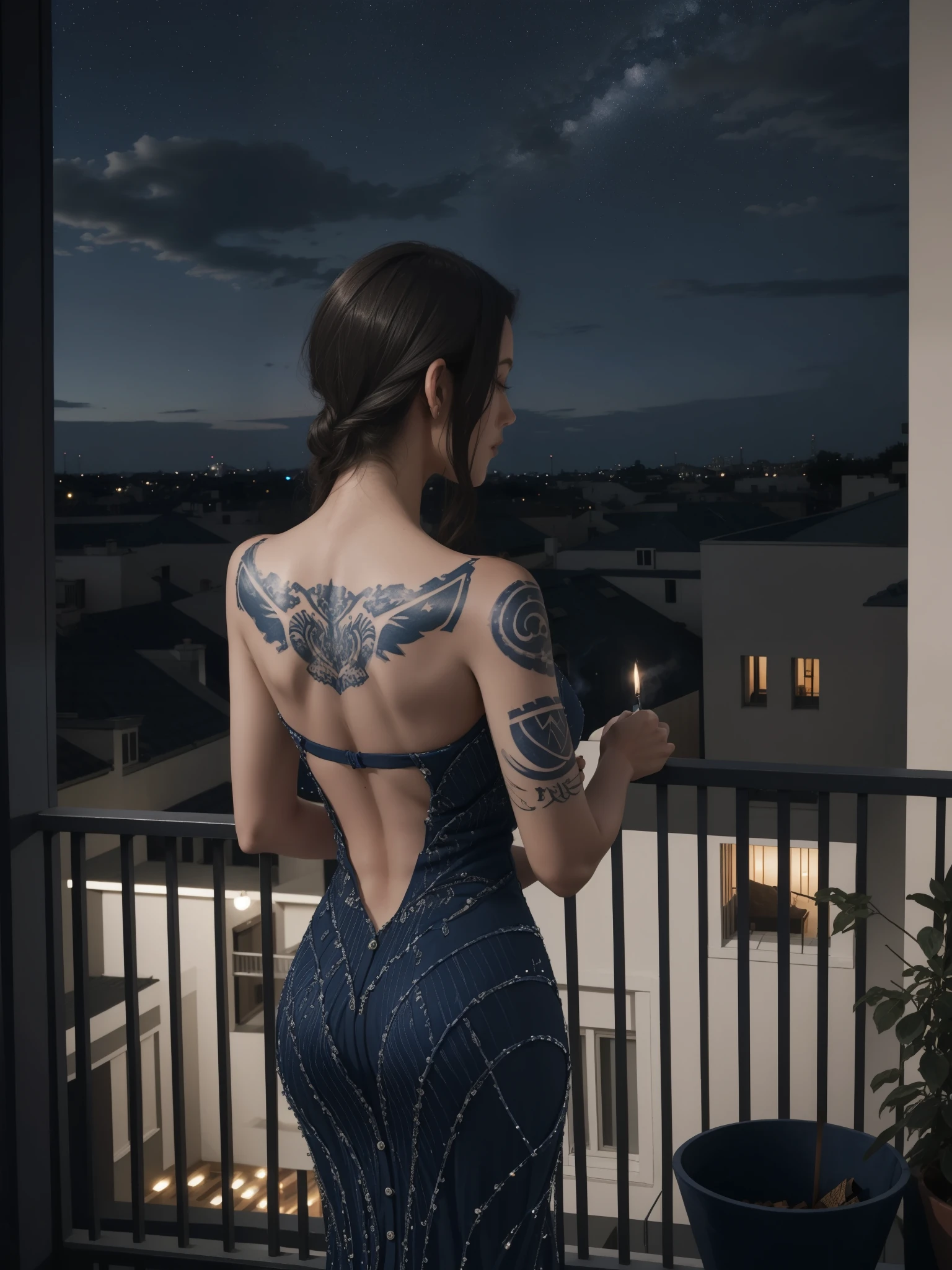 Midnight blue, A woman, with her back to the camera, leaning out of a balcony, smoking, tattoo on her back with the text: Common Stories.
Night sky, patio, 