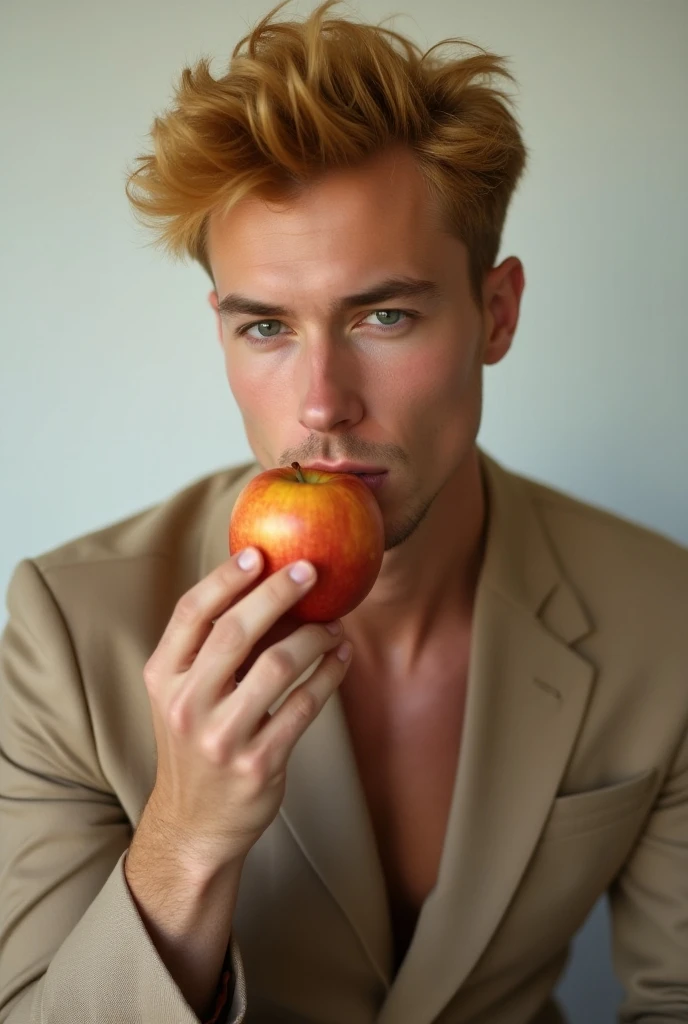 Young handsome cute white skinny soft skinny beautiful face shirtless in a strawberry garden with a basket 