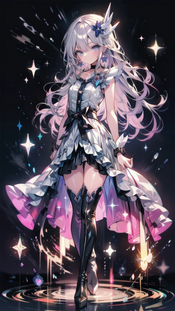 (High-definition CG), (Best Quality),((full body))， 1 girl,Alone, cure moonlight，sidelocks, hair ornament, blue rose, wrist cuffs, ribbon, single elbow glove, boots, eyelashes, serious， spats，Purple Hair， black choker ,  earrings for a woman alone, Blue Flower, Magical Girl, Waist Bow , Cure Moonlight Dress,  jewellery, flower, Wrist Cuffs,   Single Elbow Glove,  boots, eyelash, perfect face,  shiny skin,  wide hips, thin waist,Knee-high  boots， elbow bag, 1 girl, Long Hair, 