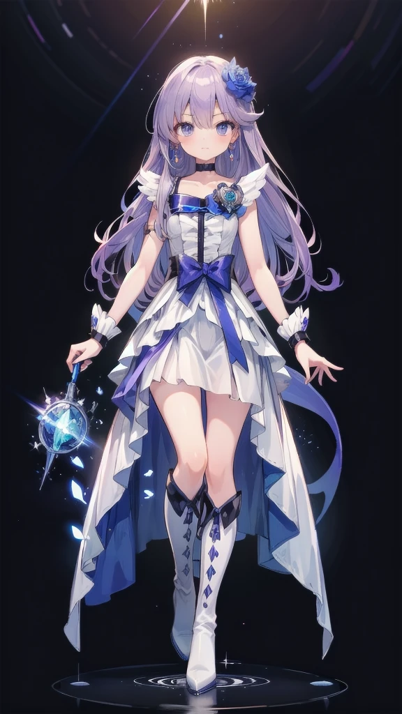 (High-definition CG), (Best Quality),((full body))， 1 girl,Alone, cure moonlight，sidelocks, hair ornament, blue rose, wrist cuffs, ribbon, single elbow glove, boots, eyelashes, serious， spats，Purple Hair， black choker ,  earrings for a woman alone, Blue Flower, Magical Girl, Waist Bow , Cure Moonlight Dress,  jewellery, flower, Wrist Cuffs,   Single Elbow Glove,  boots, eyelash, perfect face,  shiny skin,  wide hips, thin waist,Knee-high  boots， elbow bag, 1 girl, Long Hair, 