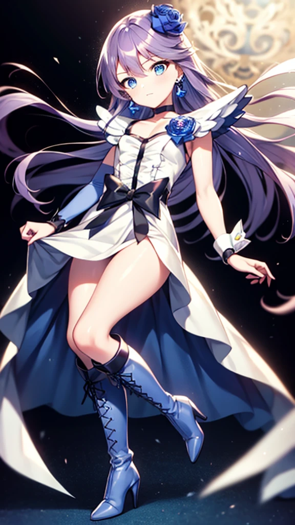 (High-definition CG), (Best Quality),((full body))， 1 girl,Alone, cure moonlight，sidelocks, hair ornament, blue rose, wrist cuffs, ribbon, single elbow glove, boots, eyelashes, serious，Purple Hair， black choker ,  earrings for a woman alone, Blue Flower, Magical Girl, Waist Bow , Cure Moonlight Dress,  jewellery, flower, Wrist Cuffs,   Single Elbow Glove,  boots, eyelash, perfect face,  shiny skin,  wide hips, thin waist,Knee-high  boots， elbow bag, 1 girl, Long Hair, 