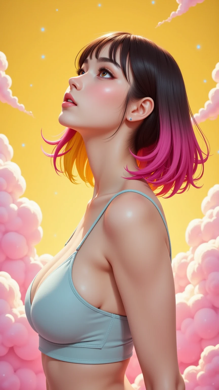 (Japanese girl:1.3), beautiful detailed eyes, beautiful detailed lips, upper body, from side, looking up, (rainbow color hair, colorful hair, half pink and half yellow hair:1.2), cloud, colorful, starry, stars, (best quality, 4k, 8k, highres, masterpiece:1.2), ultra-detailed, (realistic, photorealistic, photo-realistic:1.37), vibrant colors, studio lighting, extremely detailed description, professional, concept art, surreal, 1920s french vibe, monochromatic yellow and pink palette, in the style of french illustrator moebius, 