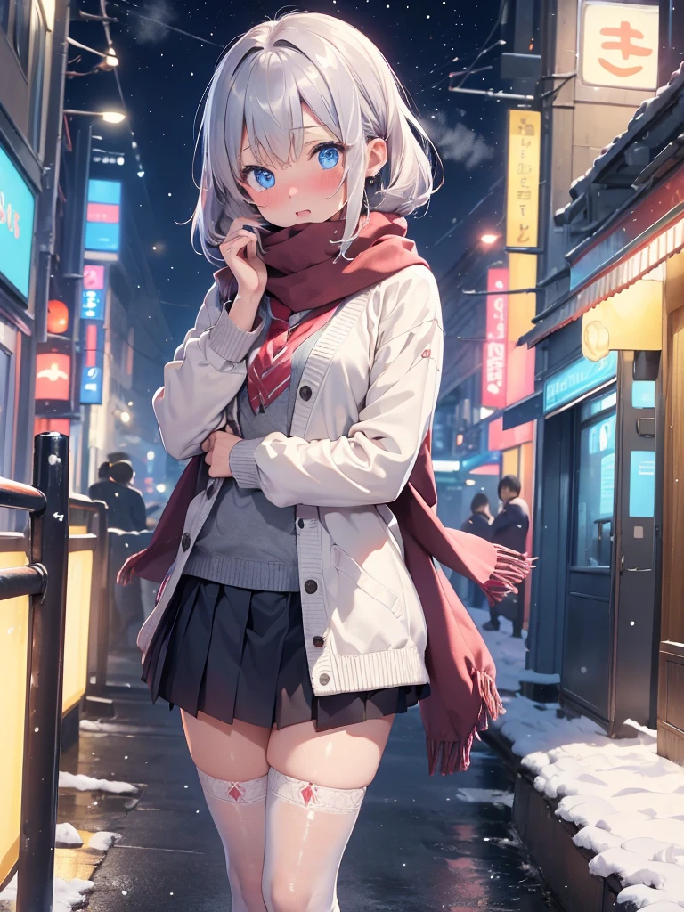 (((masterpiece,  Hi-Res, Best Quality,  anatomically correct ,  high detail,  Ultra High Definition,)))、（high angle 1 .5）、（view from above 1 ,3）、See her from above 、kawaii、JK、（blush1,3）、Winter uniform、 It's Snowing 、Snow Scene、 in the city at night、black cardigan 、scarf、 scarf to hide your mouth、Put your hands around your mouth、 is blowing into the palm of your hand、Open your mouth、（Looking up 1.2）、Better Blushing、 big chest、（My cheeks turn bright red ）、 short black skirt、 Attractive Thighs、 thigh length stockings、 Silver Hair、 princess cut,  blue eyes 、 Smooth Hair 、Red nose、Breath Steam、（Steam from the mouth 1 .4）