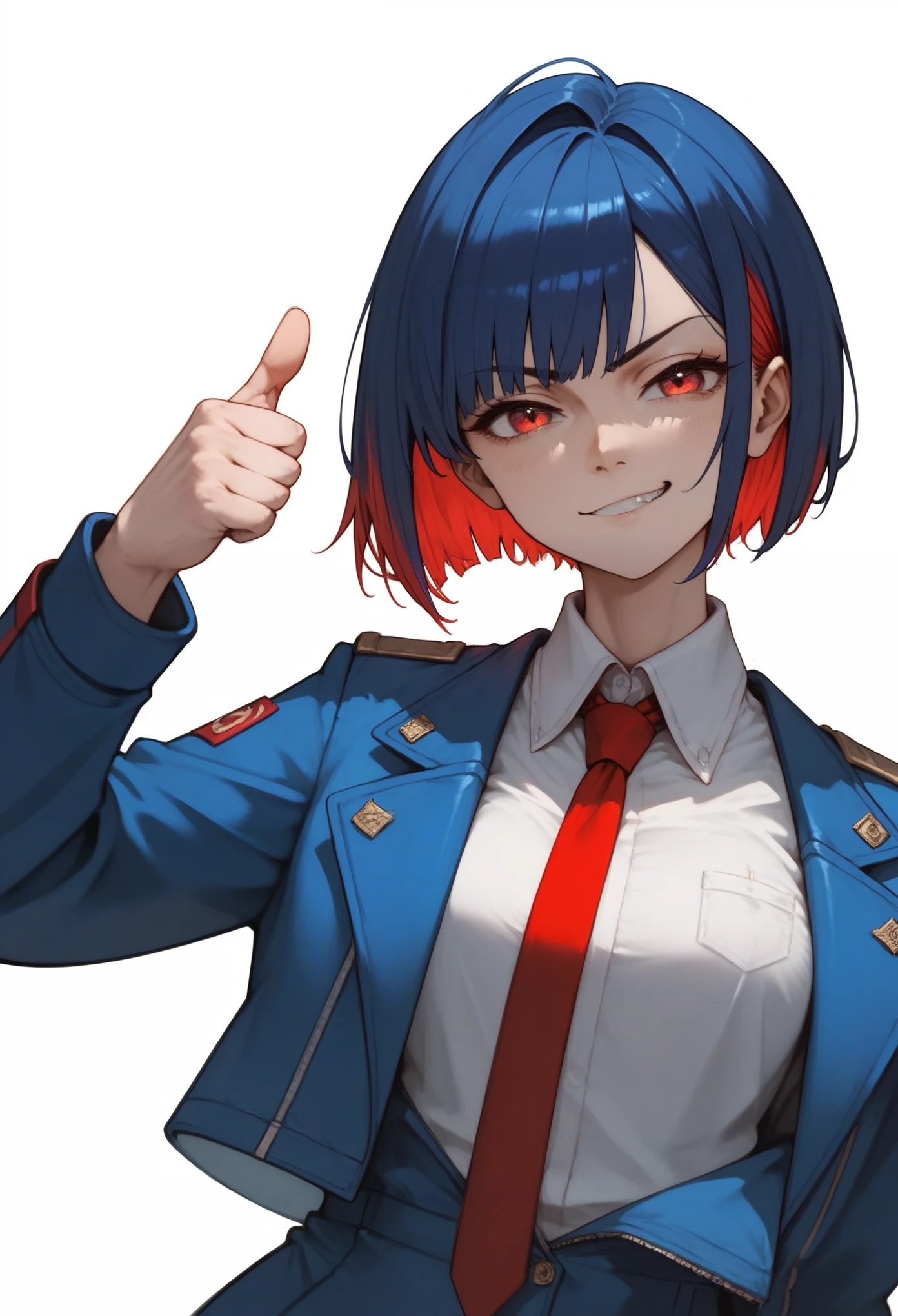 Masterpiece, best quality, anime, 1girl, reverse Bob cut, short hair, dark blue hair, inner coloured hair, (inner red hair), red eyes, suit jacket, dark blue jacket, red tie, white shirt, collared shirt, single thumbs up, smirk, bored, white background, simple background, unaestheticXL_bp5, (score_9,score_8_up,score_7_up,score_6_up,score_5_up,score_4_up)