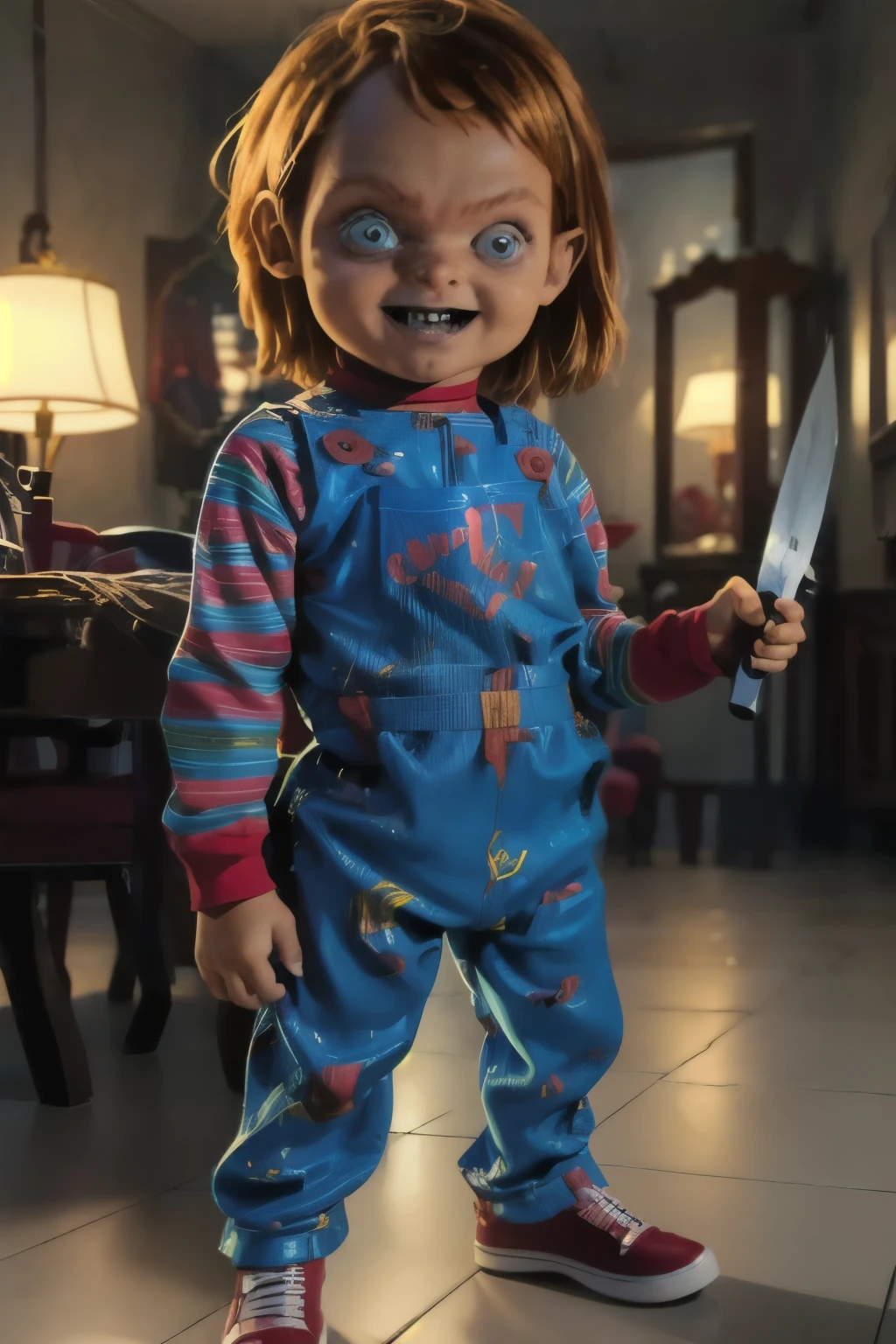 ((( Comic ART, Cartoon style))). Master piece, best quality, 4K, ((cinematic lighting)). Create a scene featuring a  boy , ***, dressed as the character Chucky from the ''s Play' movie series. He is standing, looking at the viewer with an evil expression, holding a machete. Make it realistic and highly detailed.