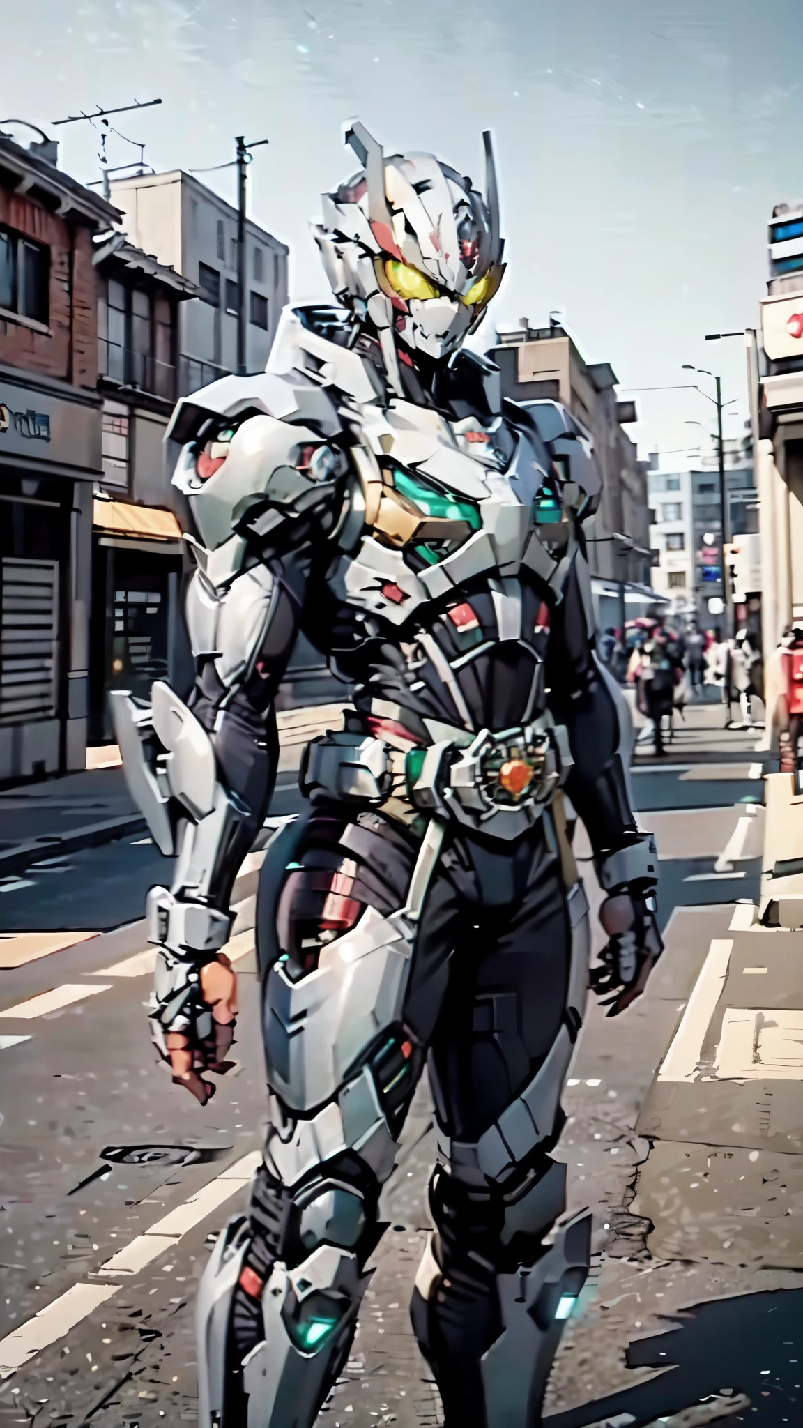 (masterpiece:1.5, best quality:1.5, extremely delicate:1.5), ((male:1.5)), a man wearing a full-face helmet, green eyes, fantasy-style high-tech biomimetic armored combat suit, (a composite layered chest armor), the design balances heavy with agility, fully enclosed shoulder guards, matching arm and leg guards, a belt of gemstone, (the color scheme is primarily Green with White and Blue accents, Organic Biotech, Concept Inspired by Kamen Rider, glowing eyes, armor glows, stand of a futuristic sci-fi city), this character embodies a finely crafted fantasy-style armored hero in anime style, exquisite and mature art style, metallic, high definition, highres, ultra-detailed, ultra-fine painting, professional, perfect body proportions, golden ratio, anatomically correct, symmetrical face, extremely detailed eyes and face, high quality eyes, creativity, RAW photo, UHD, 32k, Natural light, cinematic lighting, masterpiece-anatomy-perfect