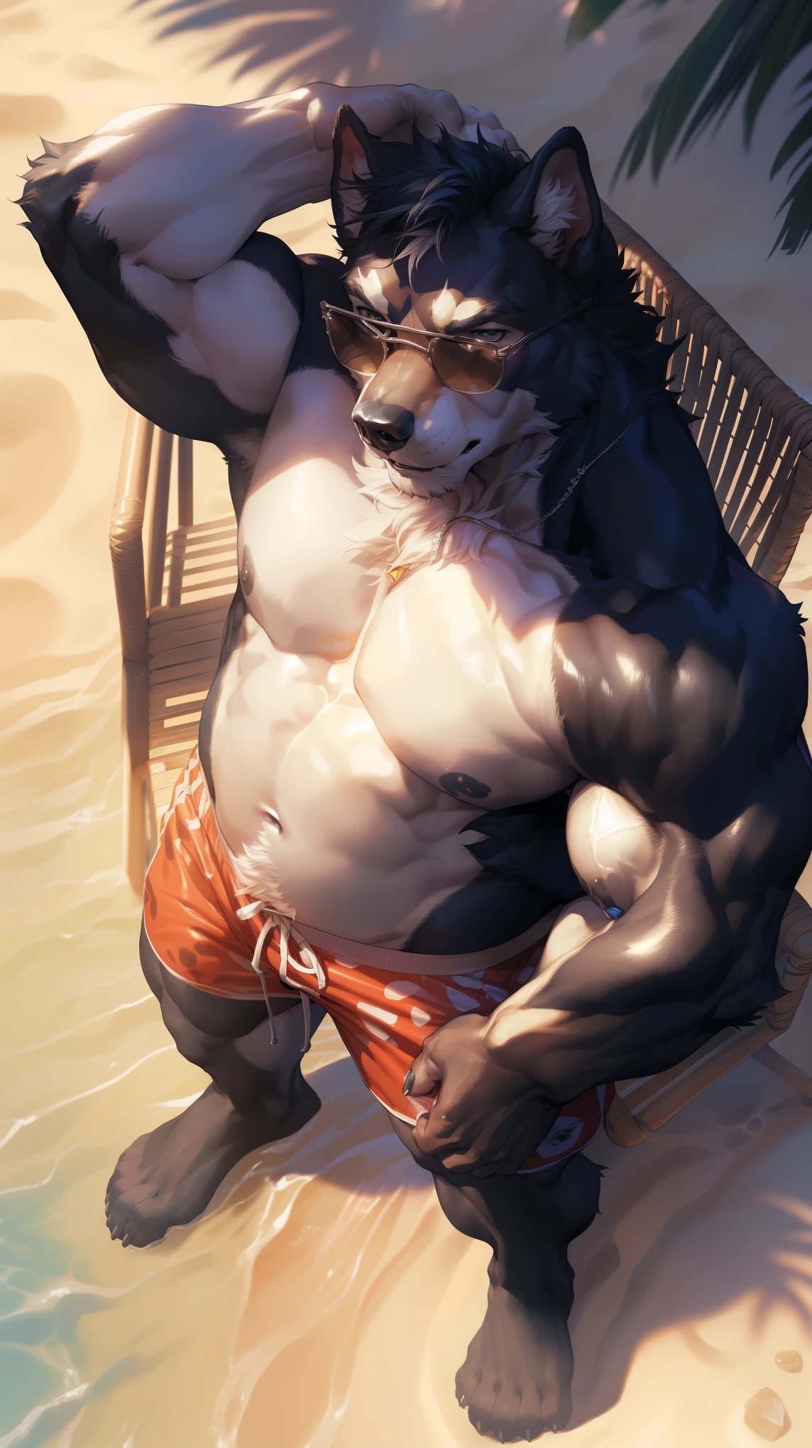 火箭raccoon,raccoon,male,adult,alone,4K,best quality,Best quality,lie down,lying down,looking at the audience,hairy body,Topless,No clothes on,bared chest,Hairy chest,furry tail,Slim figure,slim body,Pink nipples, Six-pack abs, anatomically correct,Delicate fur,pride,soft shadow,majestic,High quality eyes,brown eyes,black pupils,Sharp eyes,Grandiose,Valiantary,thong,Smile confidently,Strong,mature,seaside,sand beach,Blue sky and white clouds,The sun shines