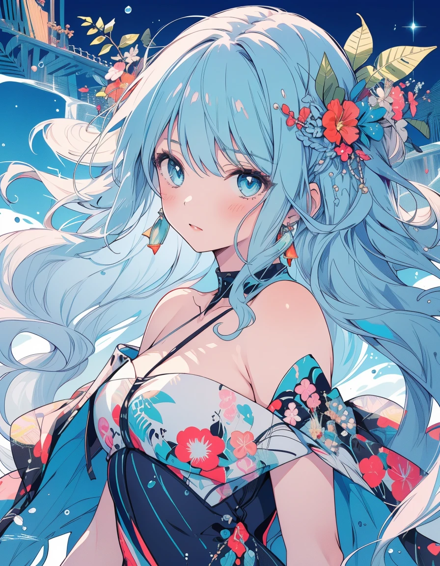 (masterpiece、Highest quality、Highest quality、Official Art、Beautiful and beautiful:1.2)、(One girl:1.3)Hatsune Miku、Twin tails,Beautiful breasts, Katsushika Hokusai, Highest quality, masterpiece, High resolution, Photorealistic, RAW Photos, 8k wallpaper, perfection, Professional Lighting, Very detailed, ((One beautiful woman)), Sexy Woman, ((Gorgeous blue printed dress)), Cleavage, Upper Body, ((look into the viewer&#39;Eyes)), Detailed face, Beautiful Eyes, ((Look forward)), Stylish dining room, sunny, bangs, Shapely breasts, Short Bob Hair, Plump and glossy lips, Cowboy Shot, ((Place your arms between your legs))