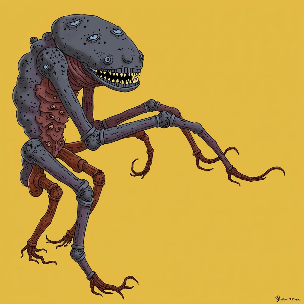 Draw designs for strange and grotesque creatures。This creature、In humanoid form、Have a 、It has large green eyes and a black hole-like mouth in the middle.。The face has red and black markings、Overall it has a creepy appearance。This character is、It appears in a story that relates to the mysteries of life and the reproduction of abnormal creatures.。