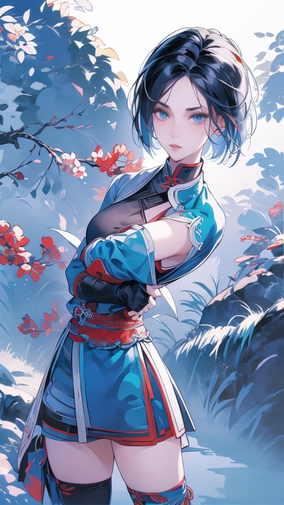 Masterpiece, Best quality, 1 Ji Ruxue, the expression is cold, strong, blue eyes, short hair, wolfcut hairstyle, smoky mix blue color hair, resolute eyes, red lips, simple Taoist Taoist uniform, Chinese mix morden, frontal photo, black or white background, simple background, anime, illustration, Chinese style short-sleeved shirt, cool girl, Ji Ru Xue, Fullbody, blank background , full HD, full body, leggy, standing position, simple background