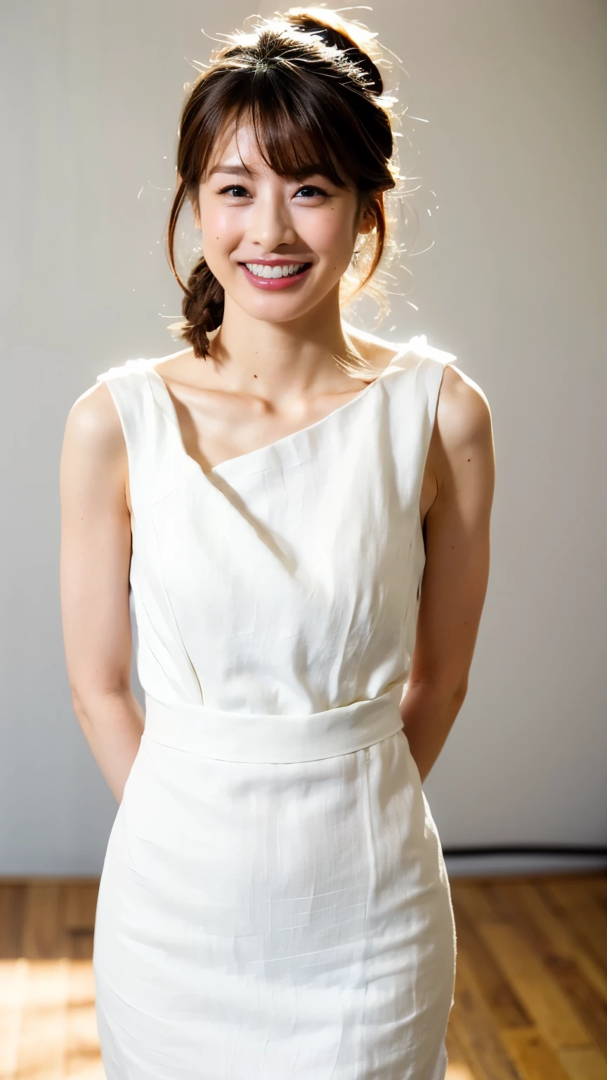 There is a woman sitting with a smile on her face, white dress with a white bow on her waist, blonde hair, black nylon scarf in her hair, silver bracelet on her arm, high quality