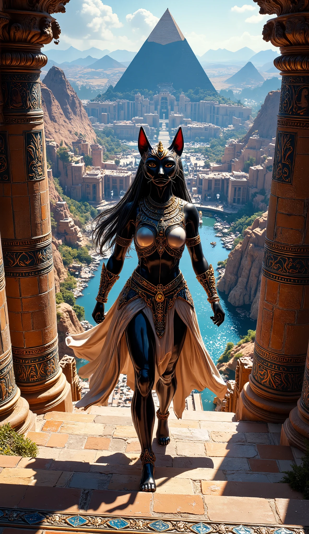 An Egyptian princess with an enigmatic appearance, wearing an ornate costume with motifs of sphinxes and hieroglyphs. Her black hair is adorned with sphinx-shaped jewels. She is sitting next to a large stone sphinx, looking with piercing eyes beyond the horizon.