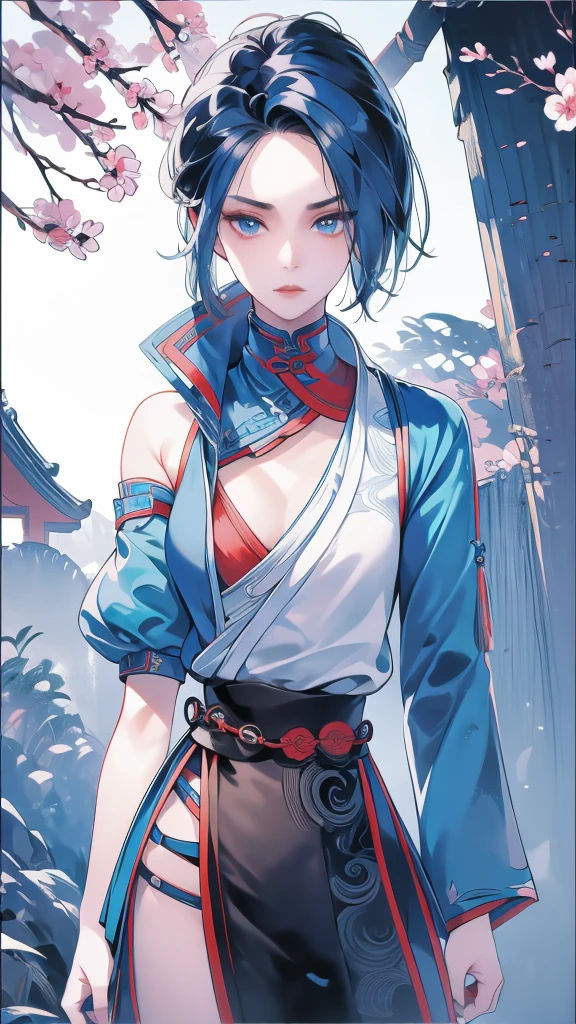 Masterpiece, Best quality, 1 Ji Ruxue, the expression is cold, strong, blue eyes, short hair, wolfcut hairstyle, smoky mix blue color hair, resolute eyes, red lips, simple Taoist Taoist uniform, Chinese mix morden, frontal photo, black or white background, simple background, anime, illustration, Chinese style short-sleeved shirt, cool girl, Ji Ru Xue, Fullbody, blank background , full HD, full body, leggy, standing position, simple background, smoky mix blue color hair