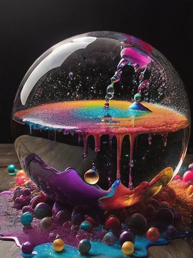 (best quality,4k,8k,highres,masterpiece:1.2),ultra-detailed,(realistic,photorealistic,photo-realistic:1.37),highly detailed psychedelic dream, vibrant shimmering colors, glass-like structures morphing from the colors, intricate rainbow patterns, perfectly formed symmetrical spheres, glowing reflective bubbles, detailed bubbles and spheres, rainbows of color twisted in and out of translucent orbs, spilled paint, spirals of swirling color in the background, beautiful psychedelic digital art, pixel art, neon colors, 4d mandelbulb psychedelics, glass-like psychedelic landscape, intricate rainbow environment, psychedelic underwater brightness, trails of color and light, bright fluorescent colors, psychedelic vibrant colors, bright psychedelic neon colors, colorful paint drips out of the bubbles, 3D glass spheres melting into each other spilling out colors, visually disorienting, hallucination inducing, optical illusions, startling, stunning images, awe-inspiringly, pixel assets, portrait photography, surrealism, photorealistic, hyperdetailed, glass morphism, digital art, sparkle, optical illusion, glowing light, reflection light, overexposure, god rays backlighting, depth of field, rotational symmetry