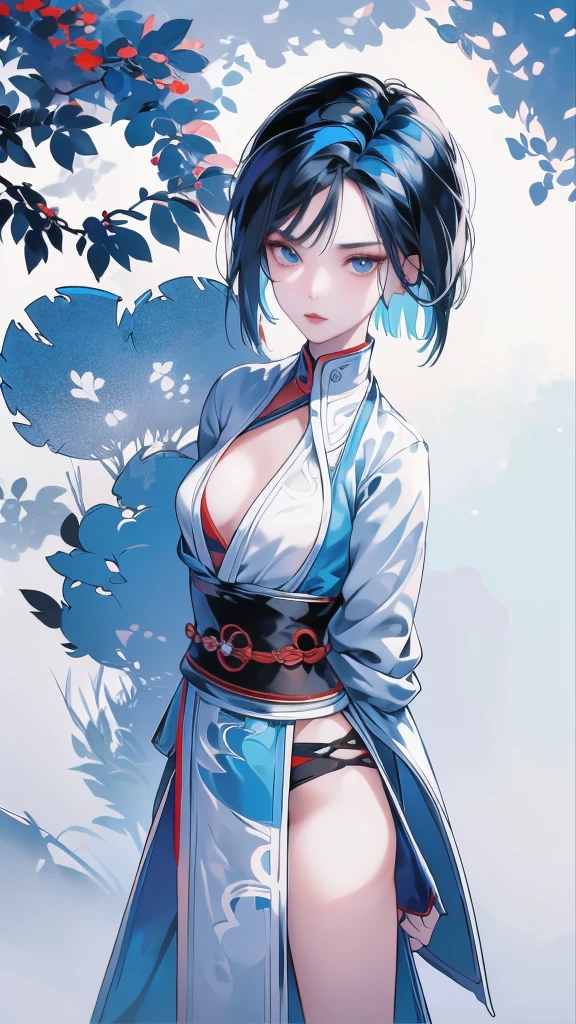 Masterpiece, Best quality, 1 Ji Ruxue, the expression is cold, strong, blue eyes, short hair, wolfcut hairstyle, smoky mix blue color hair, resolute eyes, red lips, simple Taoist Taoist uniform, Chinese mix morden, frontal photo, black or white background, simple background, anime, illustration, Chinese style short-sleeved shirt, cool girl, Ji Ru Xue, Fullbody, blank background , full HD, full body, leggy, standing position, simple background, smoky mix blue color hair