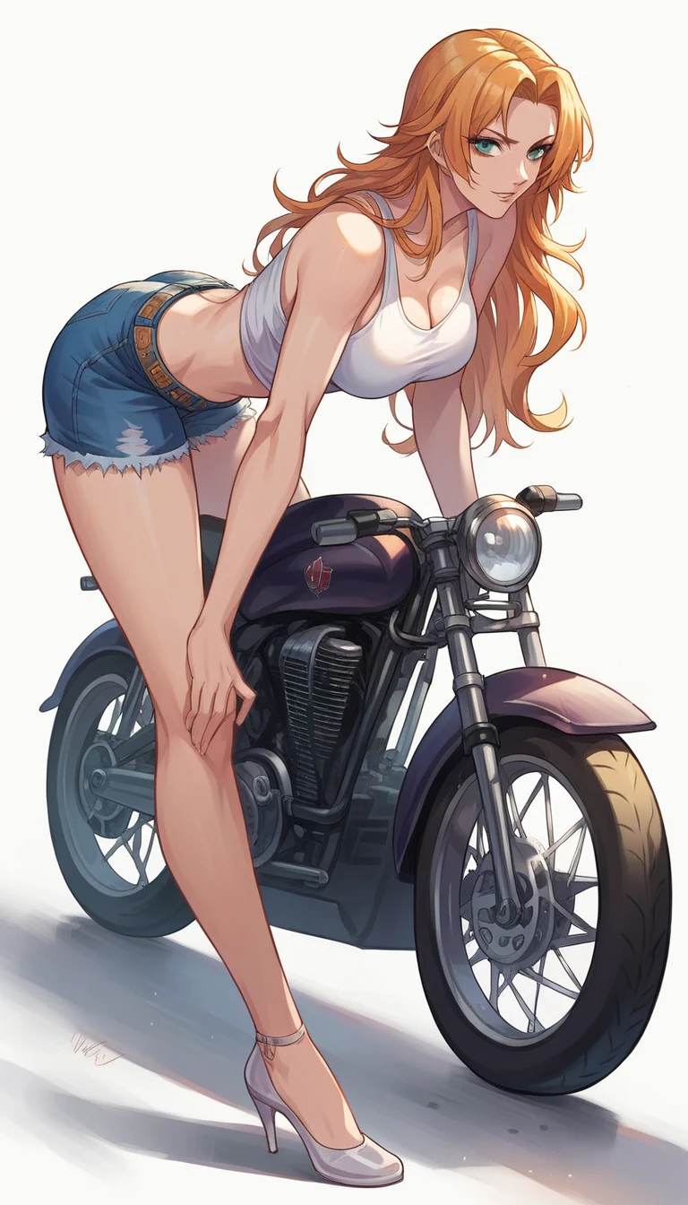 matsumoto rangiku, long legs, (posing on a Moto GP motorcycle), sexy, erotic, nsfw, (wearing a jean shorts and a white tank top),(heels),(modeling),((white background)),source_anime,BREAK,score_9,score_8_up,score_7_up