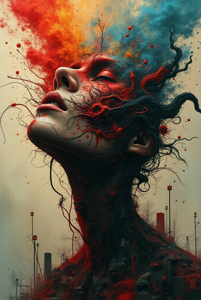 Create an image that is half abstract, half surrealist representing madness