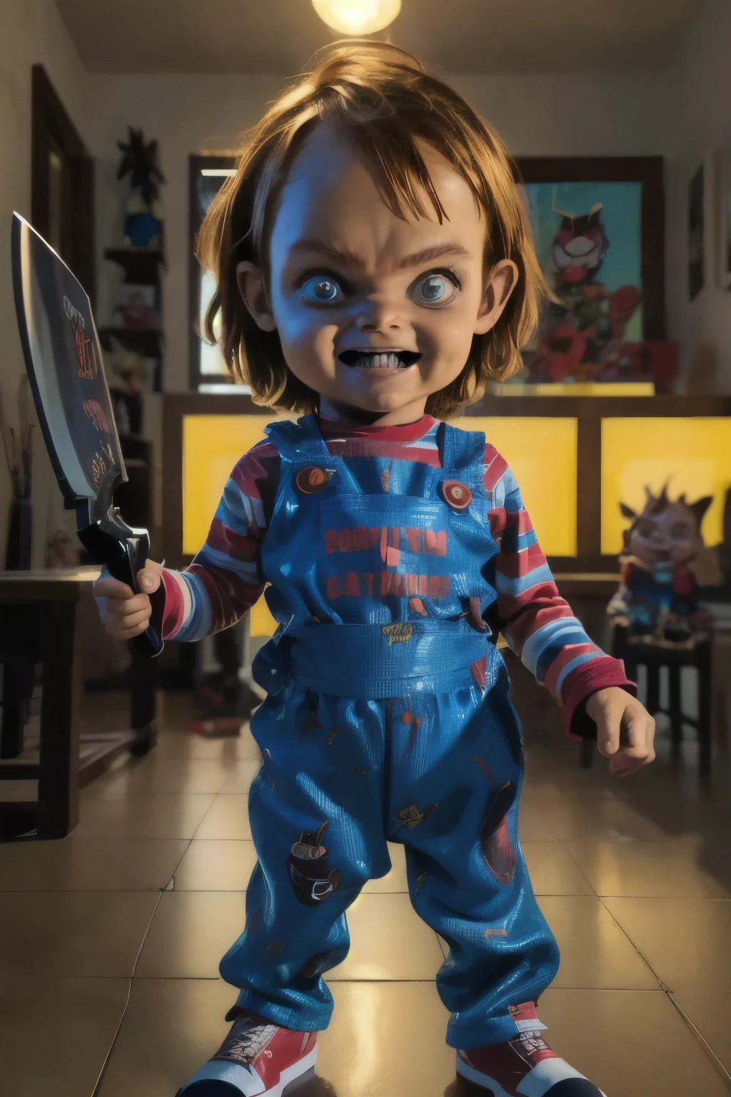 ((( Comic ART, Cartoon style))). Master piece, best quality, 4K, ((cinematic lighting)). Create a scene featuring a  boy , 5yo, dressed as the character Chucky from the ''s Play' movie series. He is standing, looking at the viewer with an evil expression, holding a machete. Make it realistic and highly detailed.